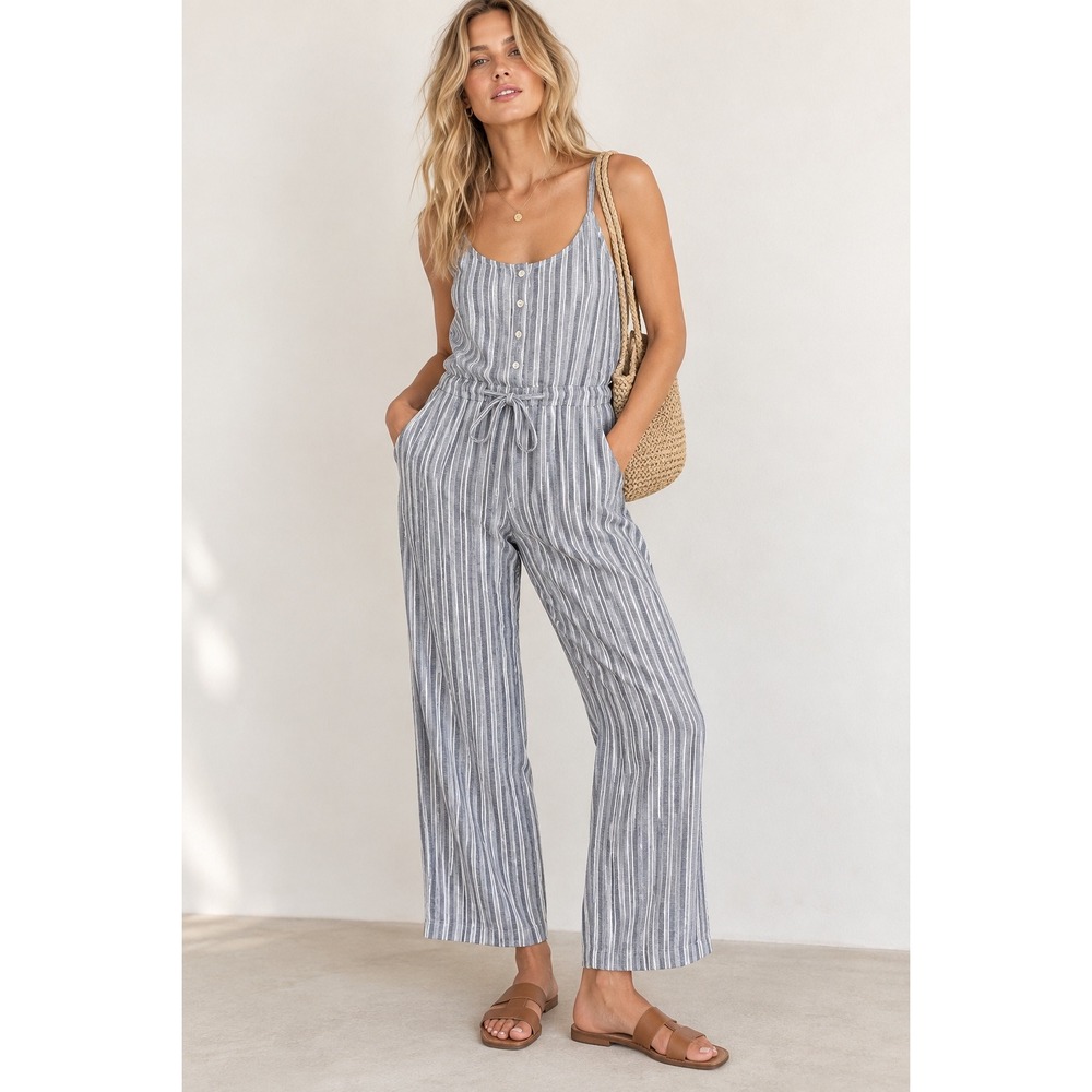 Rails Brooklyn Porto Stripe Linen Blend Jumpsuit Blue White XS
